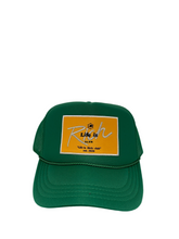 Load image into Gallery viewer, Kelly Green with Gold Rich Box Logo - 5 Panel High Crown Kids Trucker Hat
