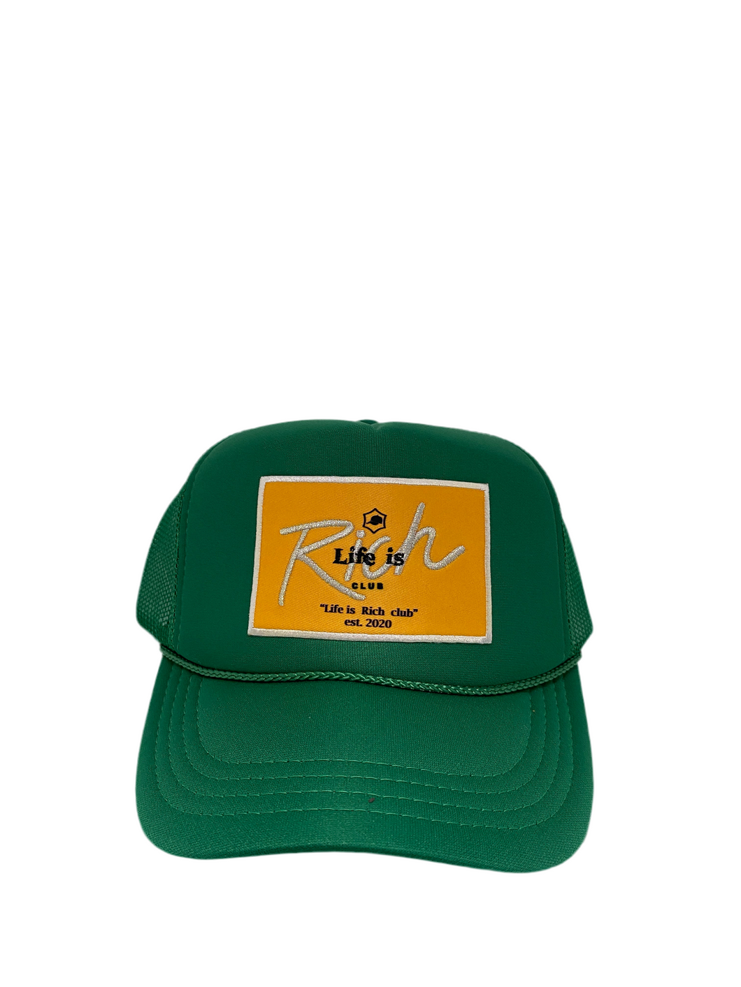 Kelly Green with Gold Rich Box Logo - 5 Panel High Crown Kids Trucker Hat