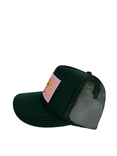 Load image into Gallery viewer, Hunter Green with Pink Rich Box Logo - 5 Panel High Crown Kids Trucker Hat
