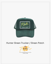 Load image into Gallery viewer, Hunter Green with Hunter Green Patch- 5 Panel High Crown RS Trucker Hat
