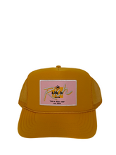 Load image into Gallery viewer, Yellow Gold with Pink Rich Box Logo- 5 Panel High Crown Trucker Hat
