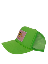 Load image into Gallery viewer, Neon Green with Pink Rich Box Logo- 5 Panel High Crown Trucker Hat
