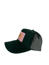 Load image into Gallery viewer, Hunter Green with Pink Rich Box Logo- 5 Panel High Crown Trucker Hat
