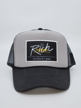 Load image into Gallery viewer, Two Toned Black &amp; Grey with Black Patch - 5 Panel High Crown RS Trucker Hat
