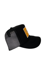 Load image into Gallery viewer, All Black with Gold Rich Box Logo- 5 Panel High Crown Kids Trucker Hat

