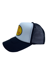 Load image into Gallery viewer, Black &amp; White with Celebration Patch - 5 Panel High Crown Trucker Hat
