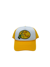 Load image into Gallery viewer, Two Toned Golden Yellow &amp; White with Celebration Logo- 5 Panel High Crown Trucker Hat
