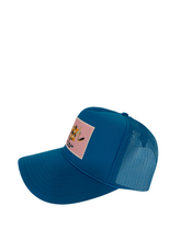 Load image into Gallery viewer, Turquoise Blue with Pink Rich Box Logo- 5 Panel High Crown Trucker Hat
