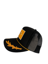 Load image into Gallery viewer, All Black &amp; Gold Sailor with Gold Rich Box Logo - 5 Panel High Crown Trucker Hat
