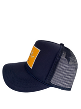 Load image into Gallery viewer, Navy Blue with Gold Rich Box Logo - 5 Panel High Crown Kids Trucker Hat
