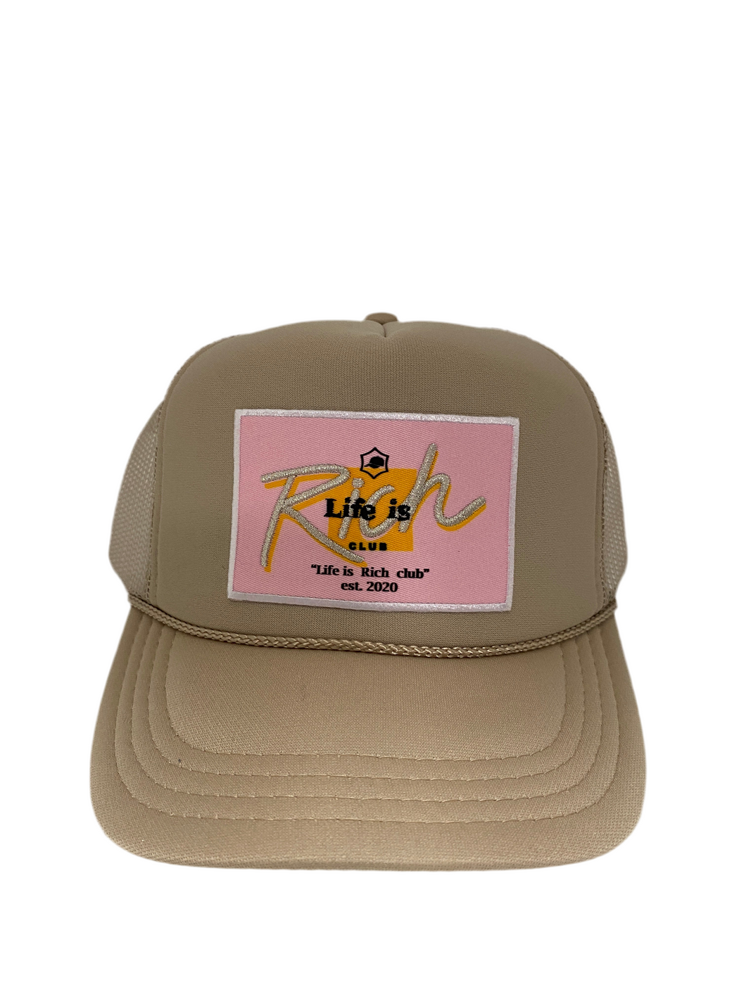 Khaki with Pink Rich Box Logo - 5 Panel High Crown Kids Trucker Hat