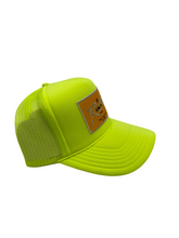 Load image into Gallery viewer, Neon Yellow with Gold Rich Box Logo - 5 Panel High Crown Trucker Hat
