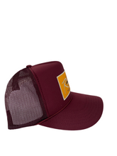 Load image into Gallery viewer, Maroon Wine with Gold Rich Box Logo - 5 Panel High Crown Trucker Hat
