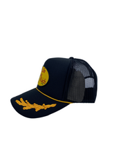 Load image into Gallery viewer, All Black &amp; Gold Sailor with Celebration Logo- 5 Panel High Crown Trucker Hat
