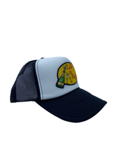 Load image into Gallery viewer, Black &amp; White with Celebration Patch - 5 Panel High Crown Trucker Hat
