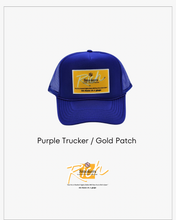 Load image into Gallery viewer, Purple with Gold Patch - 5 Panel High Crown RS Trucker Hat
