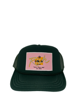 Load image into Gallery viewer, Hunter Green with Pink Rich Box Logo - 5 Panel High Crown Kids Trucker Hat
