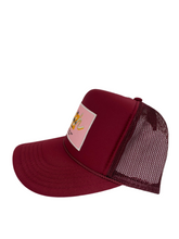 Load image into Gallery viewer, Burgundy with Pink Rich Box Logo - 5 Panel High Crown Trucker Hat
