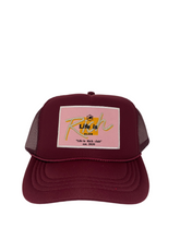 Load image into Gallery viewer, Maroon Wine with Pink Rich Box Logo - 5 Panel High Crown Kids Trucker Hat
