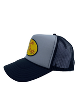 Load image into Gallery viewer, Two Toned Black &amp; Grey with Celebration Logo- 5 Panel High Crown Trucker Hat
