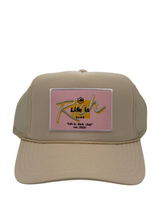 Load image into Gallery viewer, Bone Tan with Pink Rich Box Logo - 5 Panel High Crown Trucker Hat
