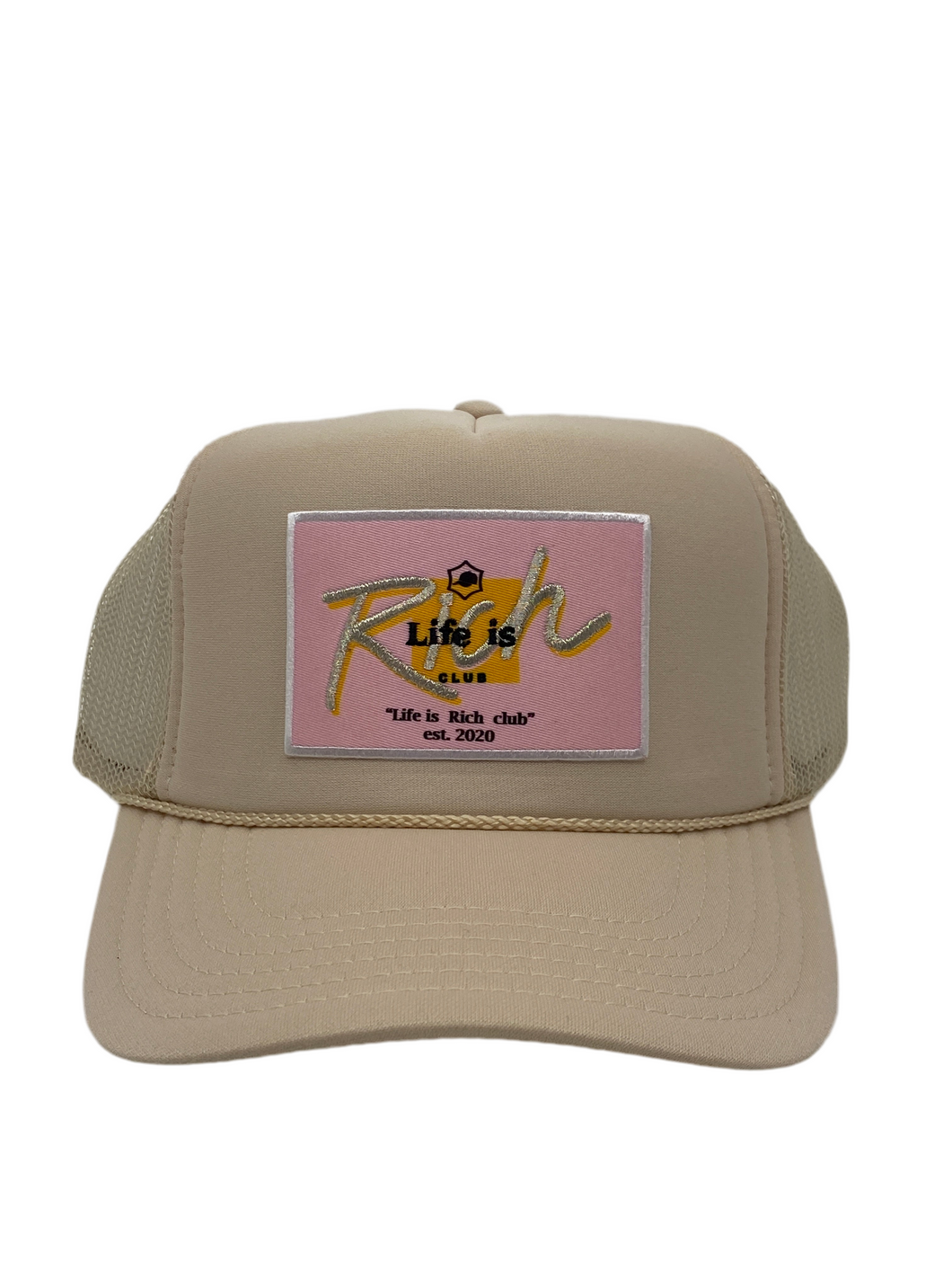 Bone Tan with Pink Rich Box Logo - 5 Panel High Crown Trucker Hat