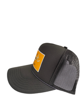 Load image into Gallery viewer, Charcoal Grey with Gold Rich Box Logo - 5 Panel High Crown Trucker Hat
