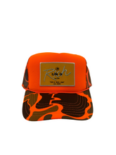 Load image into Gallery viewer, Neon Orange Camo with Gold Rich Box Logo- 5 Panel High Crown Trucker Hat
