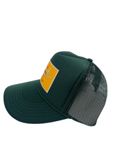Load image into Gallery viewer, Hunter Green with Gold Rich Box Logo- 5 Panel High Crown Trucker Hat
