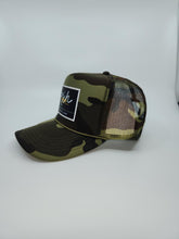 Load image into Gallery viewer, Camouflage with Black Patch - 5 Panel High Crown RS Trucker Hat
