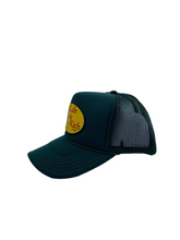Load image into Gallery viewer, Hunter Green with Celebration Logo- 5 Panel High Crown Trucker Hat

