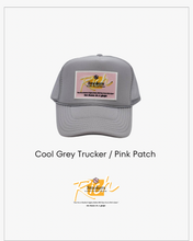 Load image into Gallery viewer, Cool Grey with Pink Patch - 5 Panel High Crown RS Trucker Hat
