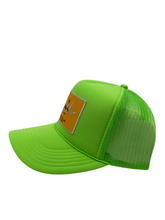 Load image into Gallery viewer, Neon Green with Gold Rich Box Logo- 5 Panel High Crown Trucker Hat
