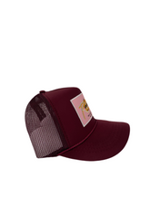 Load image into Gallery viewer, Maroon Wine with Pink Rich Box Logo - 5 Panel High Crown Kids Trucker Hat
