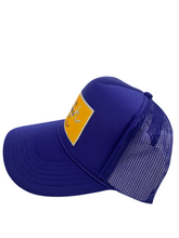 Load image into Gallery viewer, Purple with Gold Rich Box Logo- 5 Panel High Crown Trucker Hat

