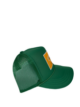 Load image into Gallery viewer, Kelly Green with Gold Rich Box Logo - 5 Panel High Crown Kids Trucker Hat
