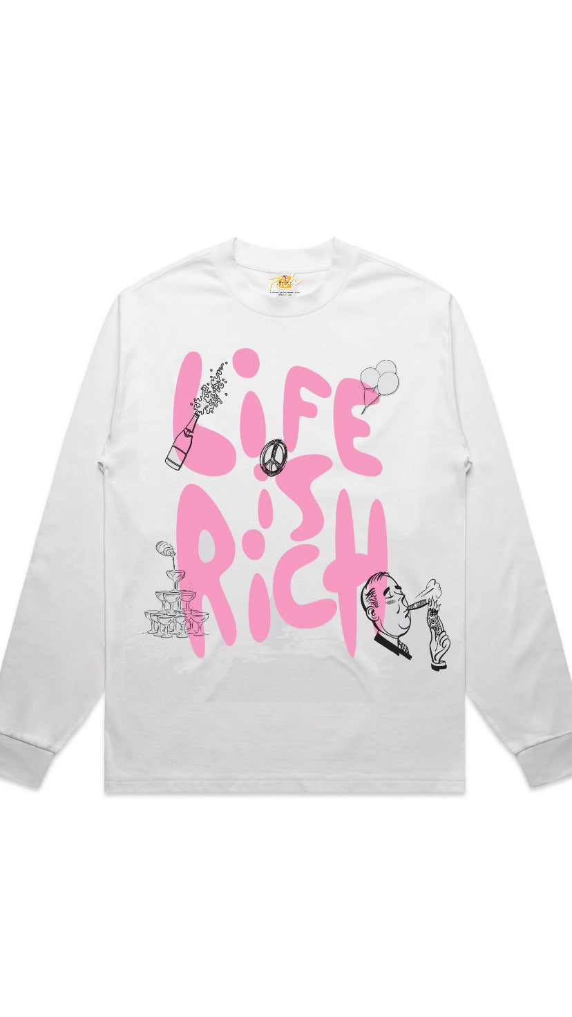 Life is Rich bubble graphic long sleeve white t-shirt / pink