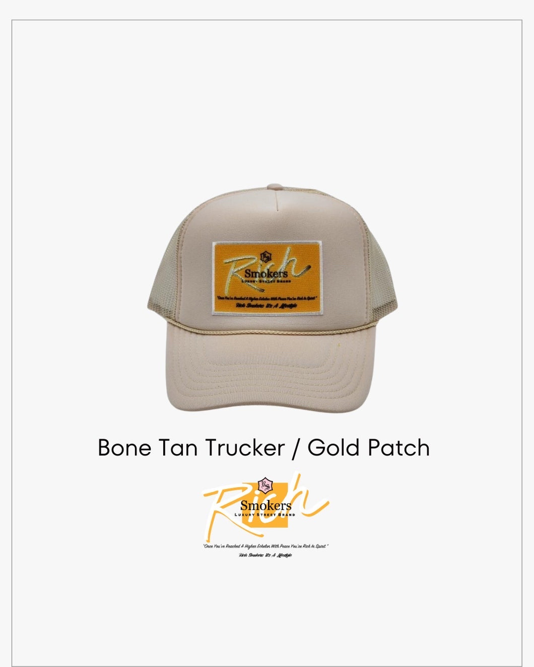 Bone Tan with Gold Patch - 5 Panel High Crown RS Trucker Hat