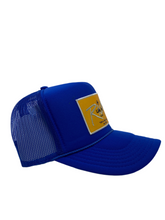 Load image into Gallery viewer, Royal Blue with Gold RichBox Logo- 5 Panel High Crown Trucker Hat
