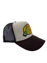 Load image into Gallery viewer, Two Toned Brown &amp; Tan with Celebration Logo- 5 Panel High Crown Trucker Hat
