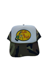 Load image into Gallery viewer, Two Toned Camo &amp; White with Celebration Logo- 5 Panel High Crown Trucker Hat

