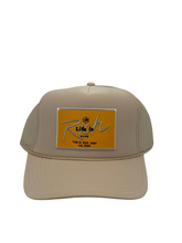 Load image into Gallery viewer, Bone Tan with Gold Rich Box Logo- 5 Panel High Crown Trucker Hat
