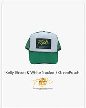 Load image into Gallery viewer, Kelly Green &amp; White with Green Patch 5 Panel High Crown RS Trucker Hat
