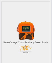 Load image into Gallery viewer, Neon Orange Camo with Hunter Green Patch - 5 Panel High Crown RS Trucker Hat
