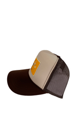 Load image into Gallery viewer, Two Toned Brown &amp; Tan with Gold Rich Box Logo - 5 Panel High Crown Trucker Hat
