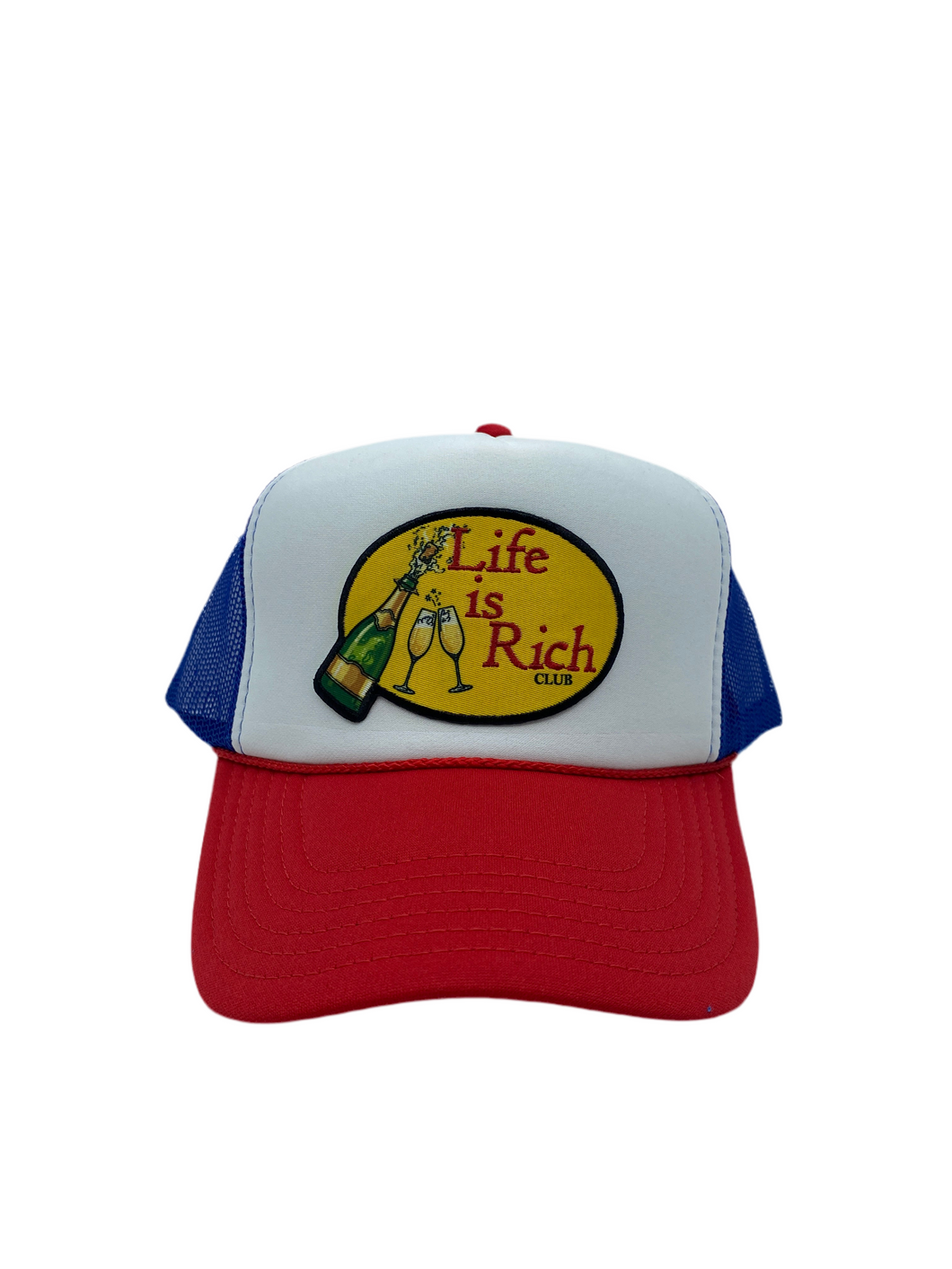 Red,White,& Blue with Celebration Logo- 5 Panel High Crown Trucker Hat