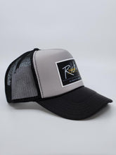 Load image into Gallery viewer, Two Toned Black &amp; Grey with Black Patch - 5 Panel High Crown RS Trucker Hat
