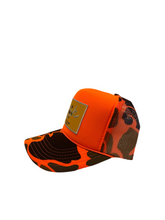 Load image into Gallery viewer, Neon Orange Camo with Gold Rich Box Logo- 5 Panel High Crown Trucker Hat
