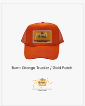 Load image into Gallery viewer, Burnt Orange with Gold Patch - 5 Panel High Crown RS Trucker Hat
