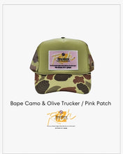 Load image into Gallery viewer, Bape Camo &amp; Olive Green with Pink Patch - 5 Panel High Crown RS Trucker Hat
